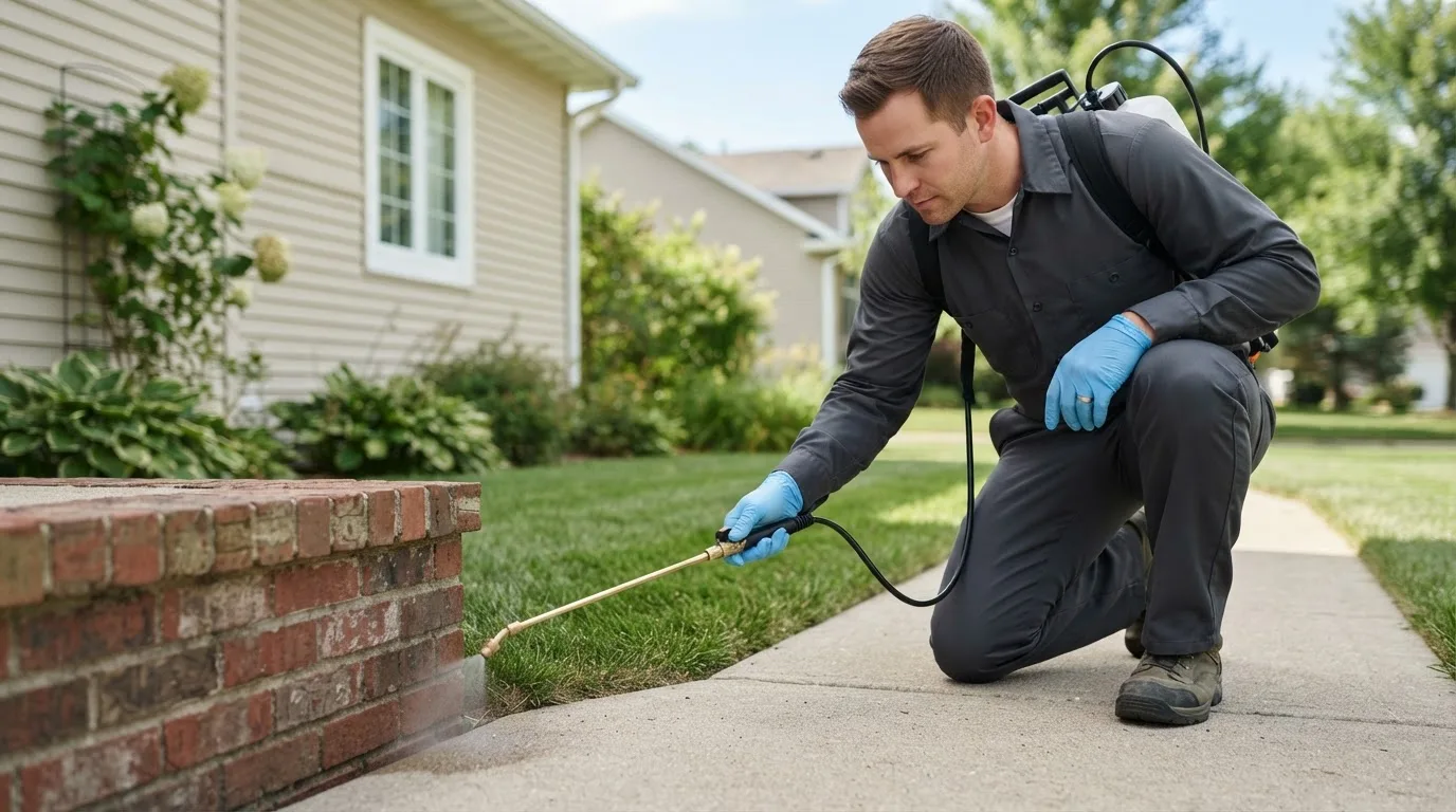 Pest control technician treating a home near Wilton, NH