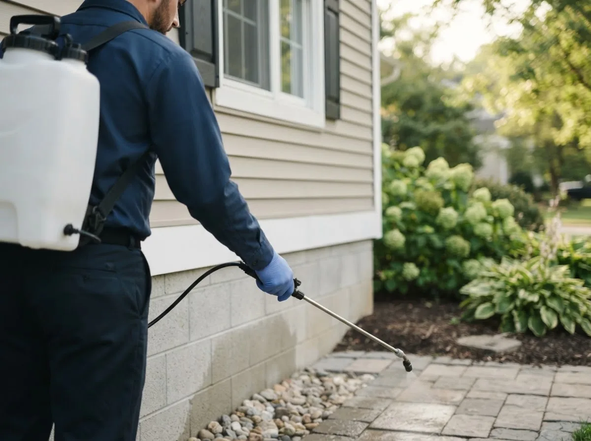 Pest control technician inspecting a home in Wilton, NH